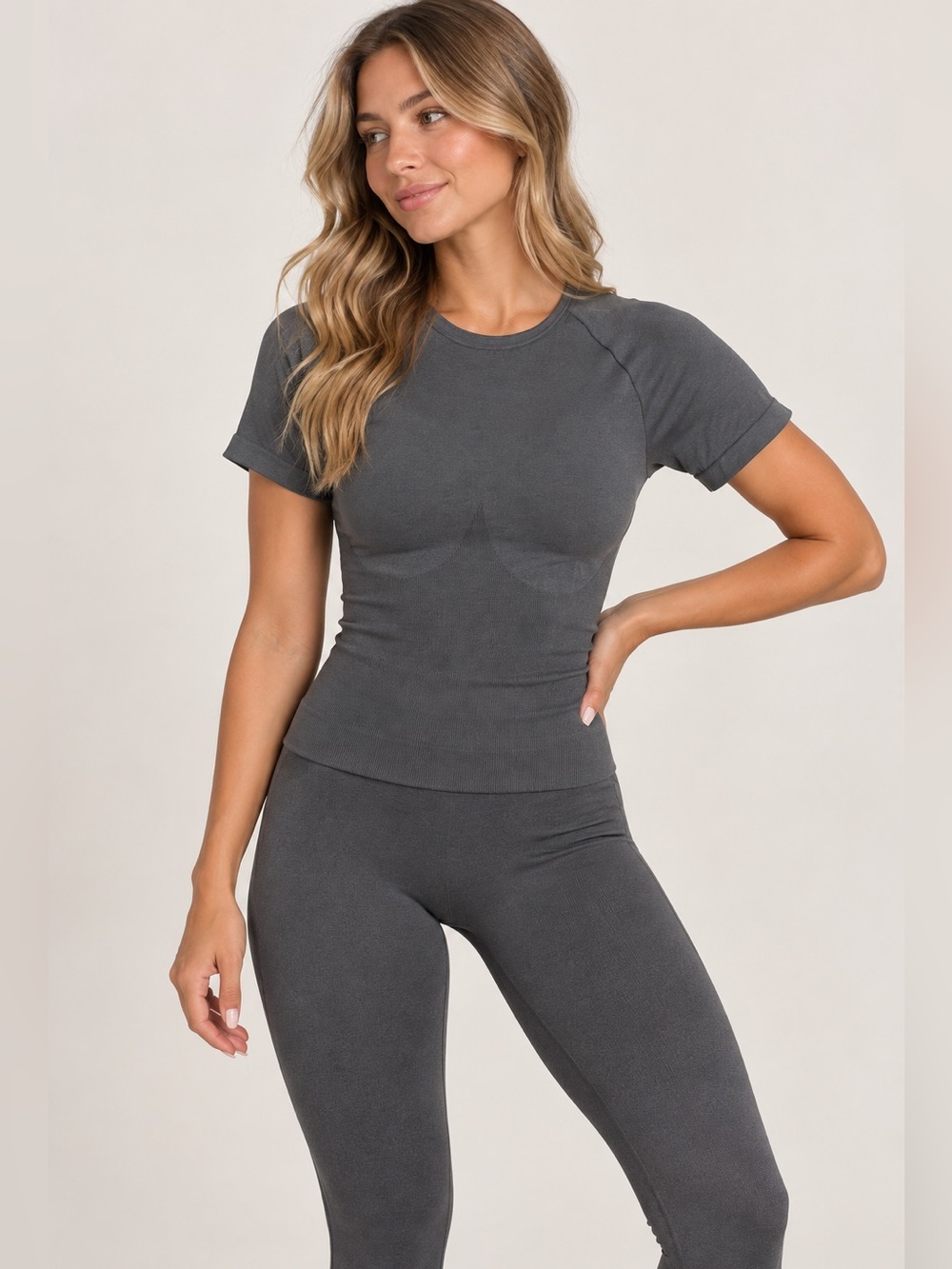 SKIMS Women's Short Sleeve Crewneck Top in Charcoal Gray